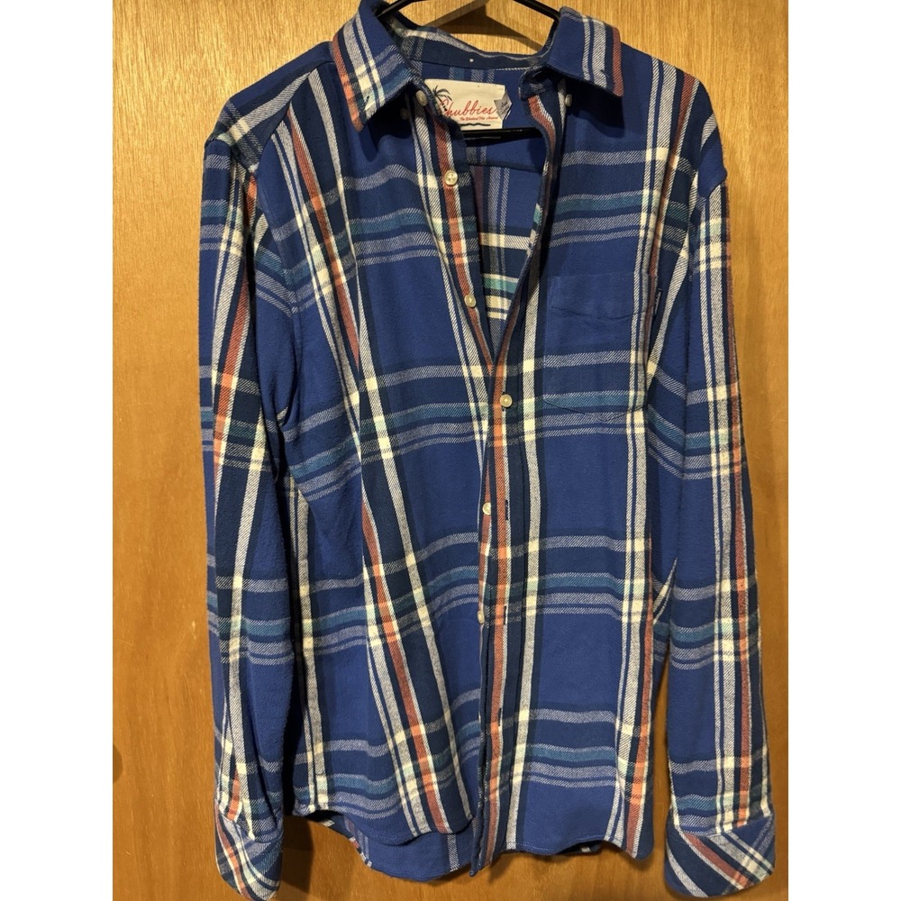 Chubbies Button Down Flannel Shirt Men's L "The Weekend Has Arrived" Blue Plaid
